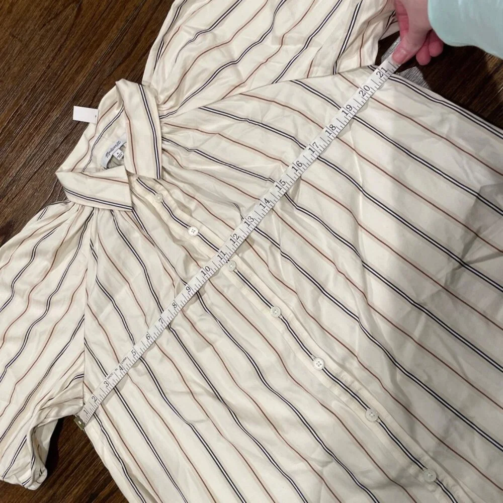 NWT Madewell Sz M Shirred Bubble-Sleeve Button-Up Shirt Poplin Coffee Tan Stripe - Picture 8 of 12